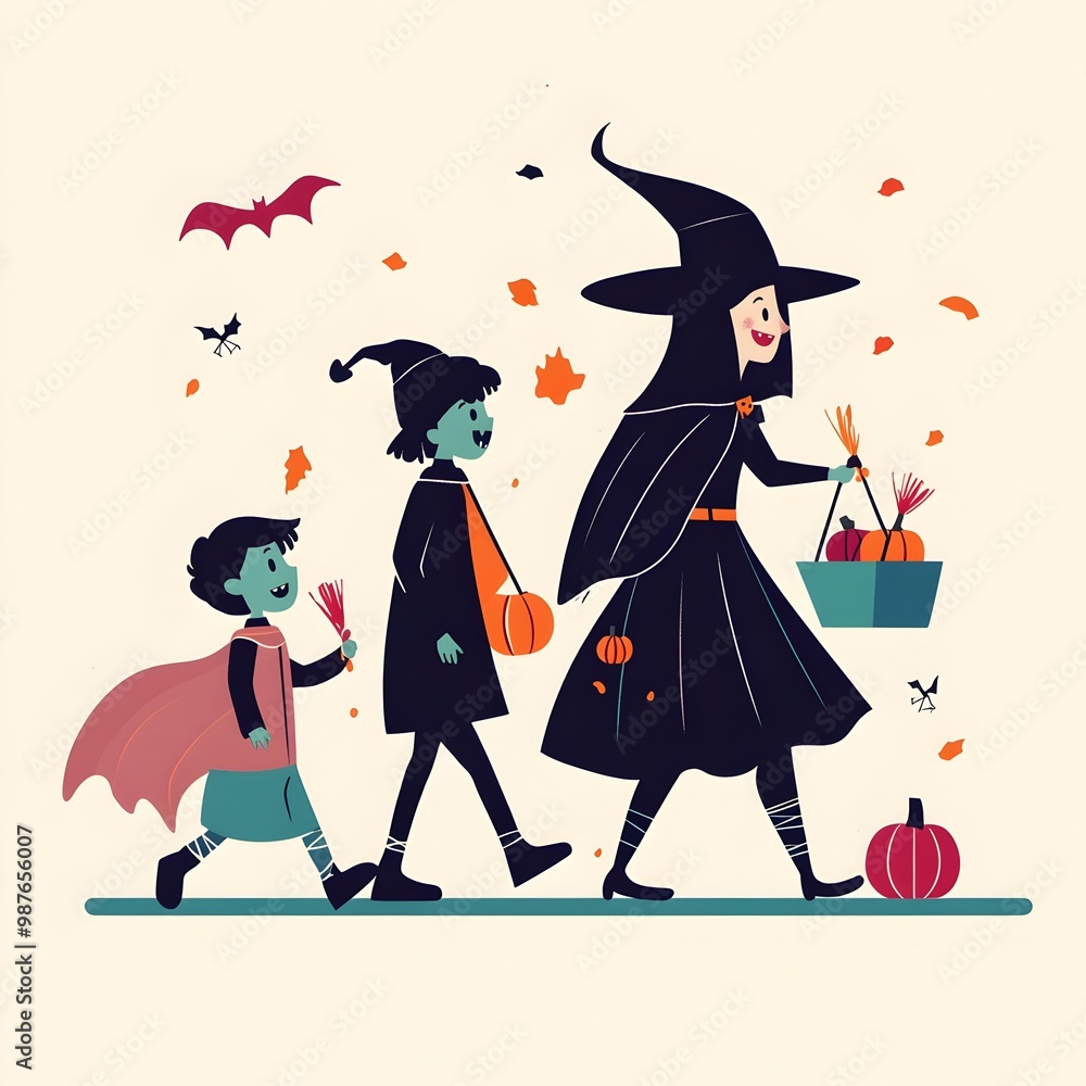 Vampire Witch and Zombie Kids Trick or Treating in Flat Design Halloween Vampire Witch and Zombie Kids Trick or Treating in Flat Design Halloween