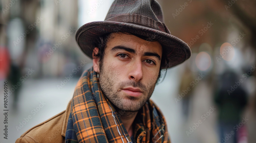A medium close-up of a man wearing a stylish fedora and a scarf, with a thoughtful expression, showcasing bohemian chic fashion. A medium close-up of a man wearing a stylish fedora and a scarf, with a thoughtful expression, showcasing bohemian chic fashion.