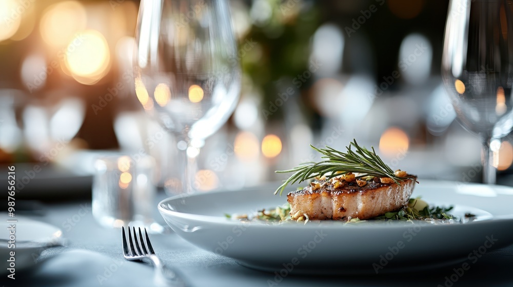 A mouth-watering gourmet salmon dish garnished with fresh herbs, beautifully presented on an elegantly set dining table, capturing the essence of high-end cuisine and culinary artistry. A mouth-watering gourmet salmon dish garnished with fresh herbs, beautifully presented on an elegantly set dining table, capturing the essence of high-end cuisine and culinary artistry.