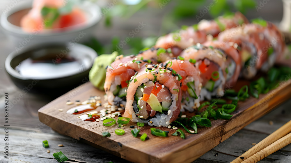 Delicious Salmon Sushi Rolls with Avocado and Cucumber Delicious Salmon Sushi Rolls with Avocado and Cucumber