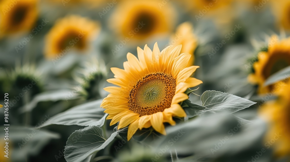Naklejka premium A beautiful yellow sunflower stands tall and vibrant in the midst of a lush green field, showcasing its natural beauty and intricate details, symbolizing summer's peak.