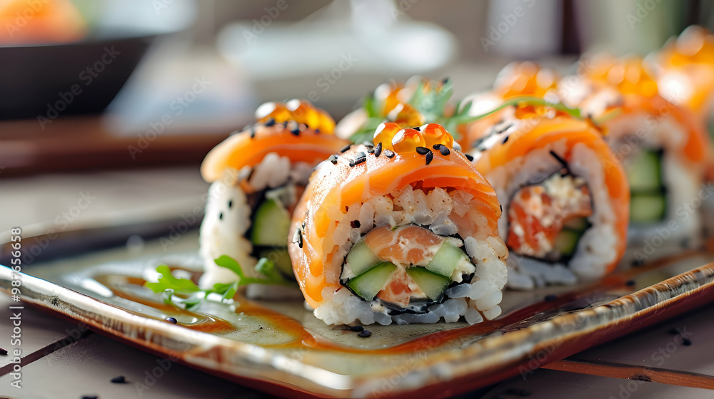Fresh Salmon Sushi Rolls with Cucumber and Rice Fresh Salmon Sushi Rolls with Cucumber and Rice