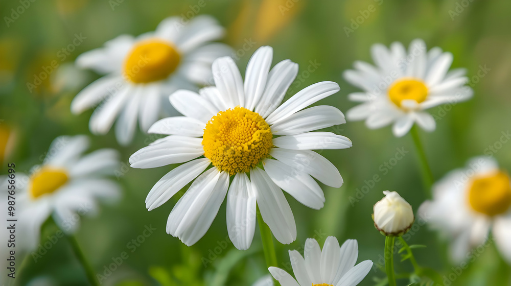White Daisy Flower with Yellow Center in a Field White Daisy Flower with Yellow Center in a Field