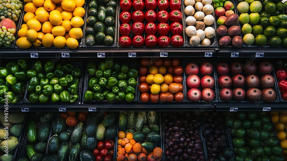A colorful display of fresh produce in a grocery store. A colorful display of fresh produce in a grocery store.