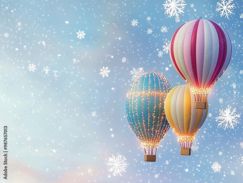 Obraz premium Hot air balloons with Christmas lights, flying through snowflakes, holiday magic, 3D illustration