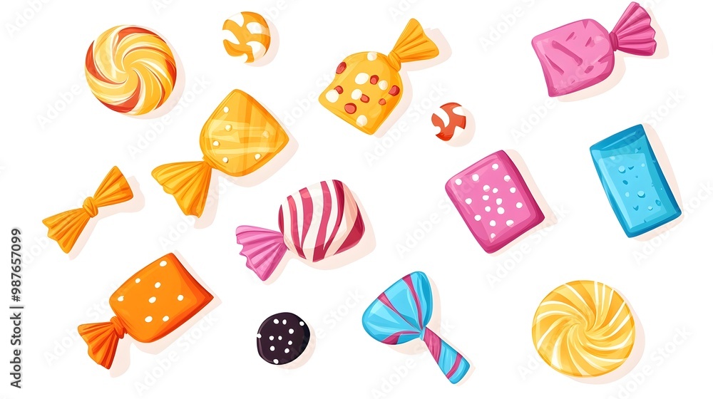 Vibrant and Whimsical Cartoon Style Candy Wrapper with Variety of Colorful Patterns and Textures on a Clean White Background Vibrant and Whimsical Cartoon Style Candy Wrapper with Variety of Colorful Patterns and Textures on a Clean White Background