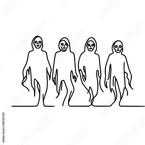 Single line vector drawing, the lines depict four zombie figures with partial transparency on a light background, creating a ghostly and mystical effect.