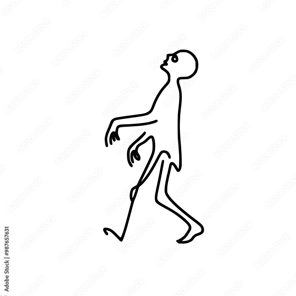 Skinned zombie in walking pose with drooping tassels drawn in line art, linear vector illustration Skinned zombie in walking pose with drooping tassels drawn in line art, linear vector illustration