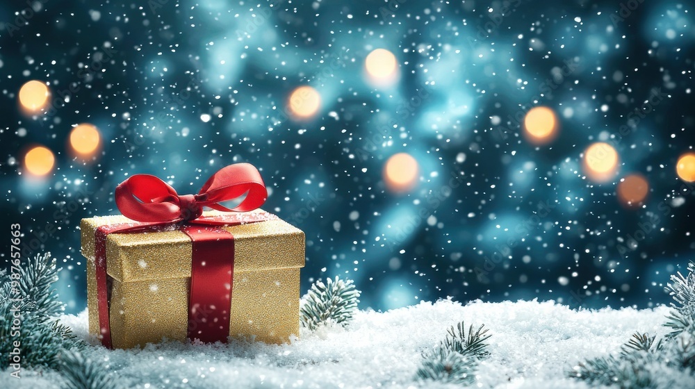 Christmas Gift with Red Bow in Snow Scene Christmas Gift with Red Bow in Snow Scene