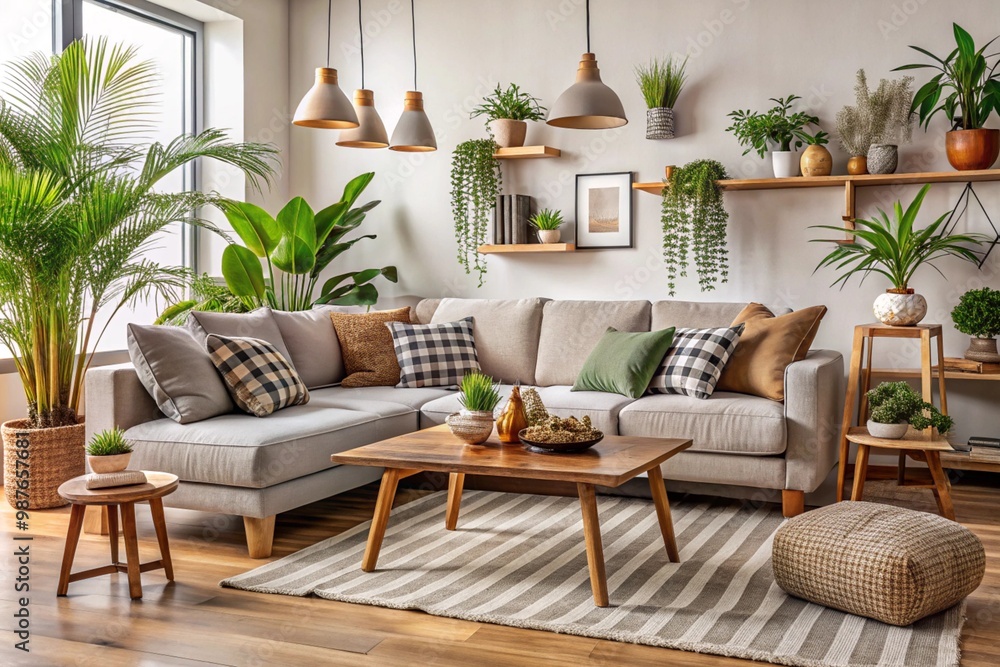Modern interior of open space with design modular sofa, furniture, wooden coffee tables, plaid, pillows, tropical plants and elegant personal accessories in stylish home decor. Neutral living room Modern interior of open space with design modular sofa, furniture, wooden coffee tables, plaid, pillows, tropical plants and elegant personal accessories in stylish home decor. Neutral living room