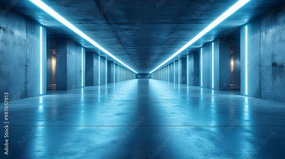 Blue Neon Lights in a Concrete Corridor - 3D Illustration Blue Neon Lights in a Concrete Corridor - 3D Illustration