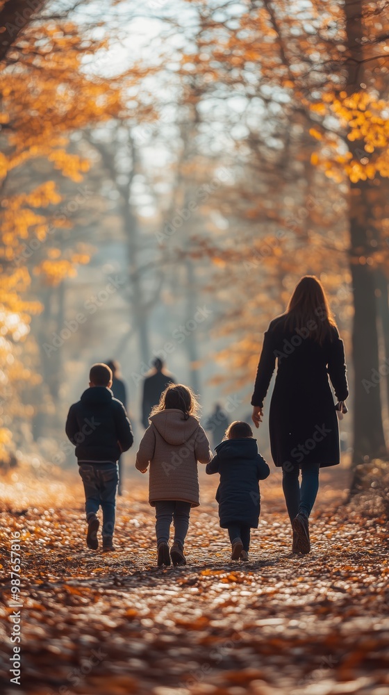 Mother and three children walking on a forest path on a sunny autumn day