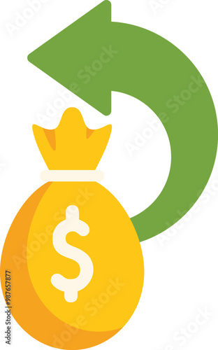 Money cashback concept with a green returning arrow surrounding a yellow dollar bag, illustrating the idea of refunding