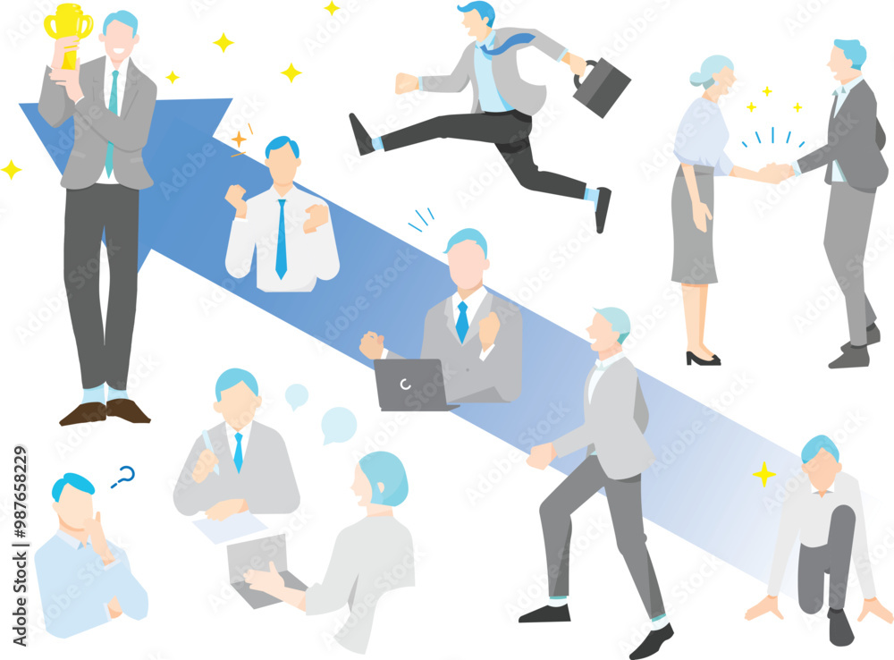 Job hunting - job success - finding a job - businessman on the road to success vector simple illustration set Job hunting - job success - finding a job - businessman on the road to success vector simple illustration set