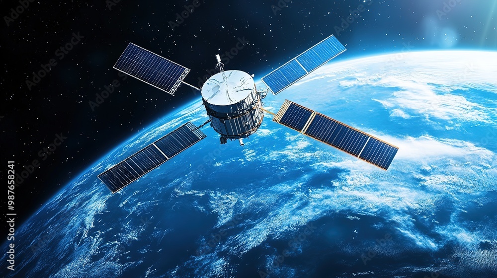 A satellite orbits Earth, showcasing solar panels against a backdrop of the planet and space, highlighting technological advances in space exploration. A satellite orbits Earth, showcasing solar panels against a backdrop of the planet and space, highlighting technological advances in space exploration.