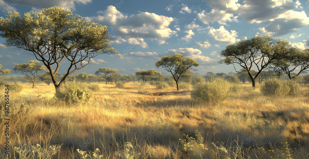 Stunning Savanna Landscape with Acacia Trees and Golden Hour Light Stunning Savanna Landscape with Acacia Trees and Golden Hour Light