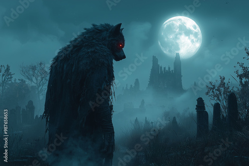 hulking werewolf stalks through an ancient graveyard under the full moon, its red eyes glowing fiercely amidst the ruins and fog