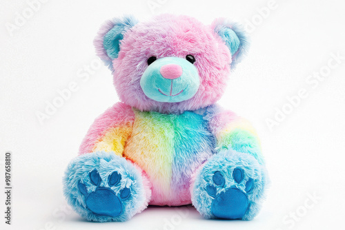 A cheerful stuffed bear with rainbow colors, featuring blue, pink, and yellow shades, set against a clean white background. Perfect for children's decor or joyful merchandise.