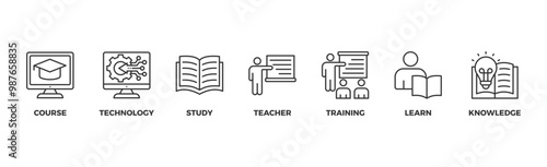 Online education banner web icon illustration concept with icon of course, technology, study, teacher, training, learn and knowledge