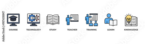 Online education banner web icon illustration concept with icon of course, technology, study, teacher, training, learn and knowledge