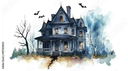 watercolor painting of one single haunted house isolated on white background photo