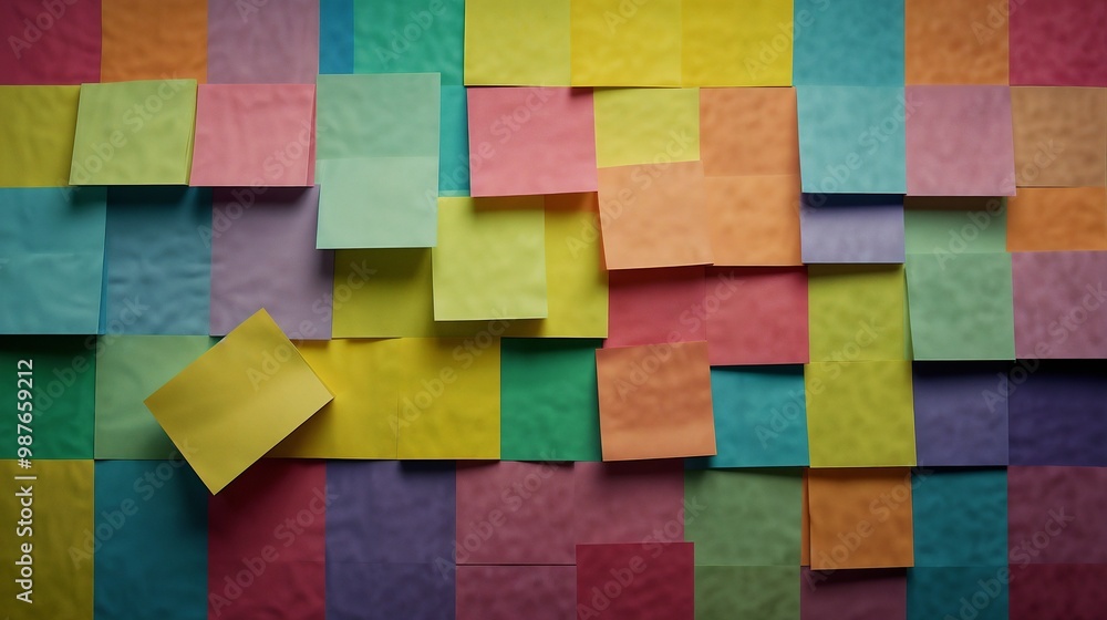 Colorful sticky notes arranged in a creative pattern on a textured background Colorful sticky notes arranged in a creative pattern on a textured background