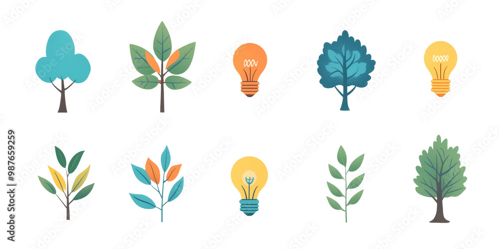 Fototapeta premium Eco and Energy Icons with Trees, Light Bulbs, and Water Drops. A collection of vibrant, eco-themed icons featuring trees, light bulbs with plants, and water drops.