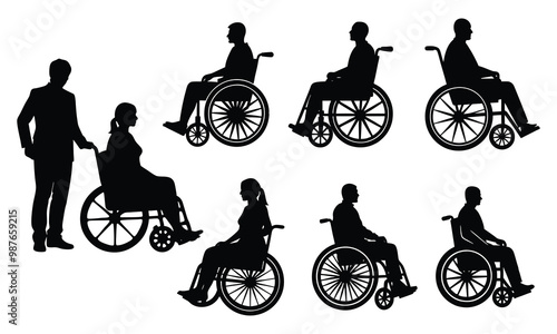 People on a wheelchair Silhouette vector illustration on white background. Vector silhouette.