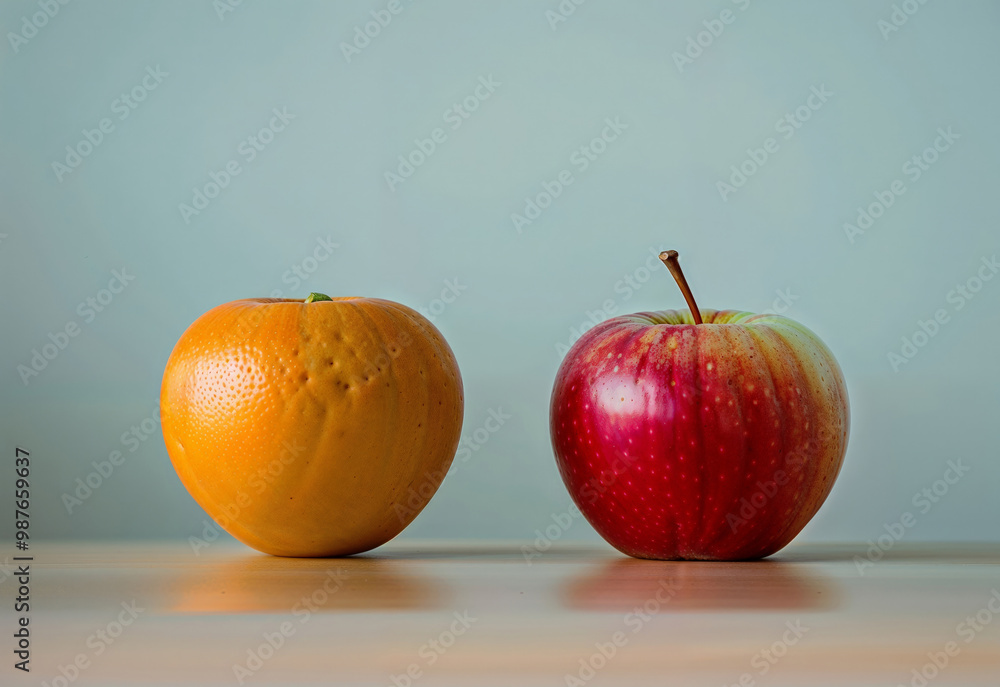 An orange and an apple on a smooth surface, pastel green background, minimalist still life composition An orange and an apple on a smooth surface, pastel green background, minimalist still life composition