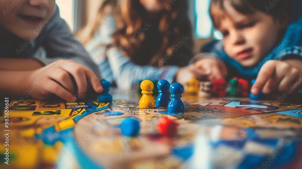 Two children play a board game together, their hands reaching for colorful game pieces. Two children play a board game together, their hands reaching for colorful game pieces.