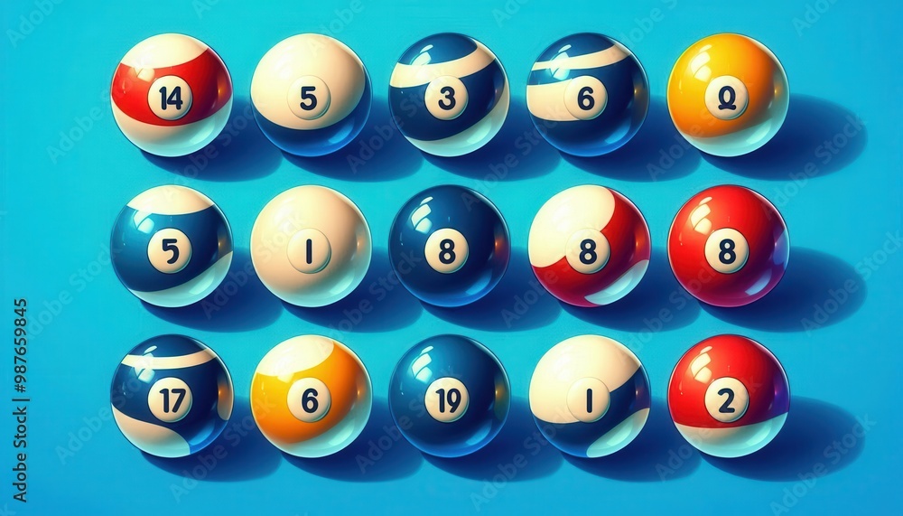 Pool balls arranged in rows on a vibrant blue background..Concept: Variety, strategy, and the colorful nature of billiards. Pool balls arranged in rows on a vibrant blue background..Concept: Variety, strategy, and the colorful nature of billiards.