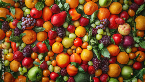 A rich and abundant array of assorted fresh fruits such as oranges, grapes, and apples, complemented by green leaves, evoking nature�s bounty and vibrant health.