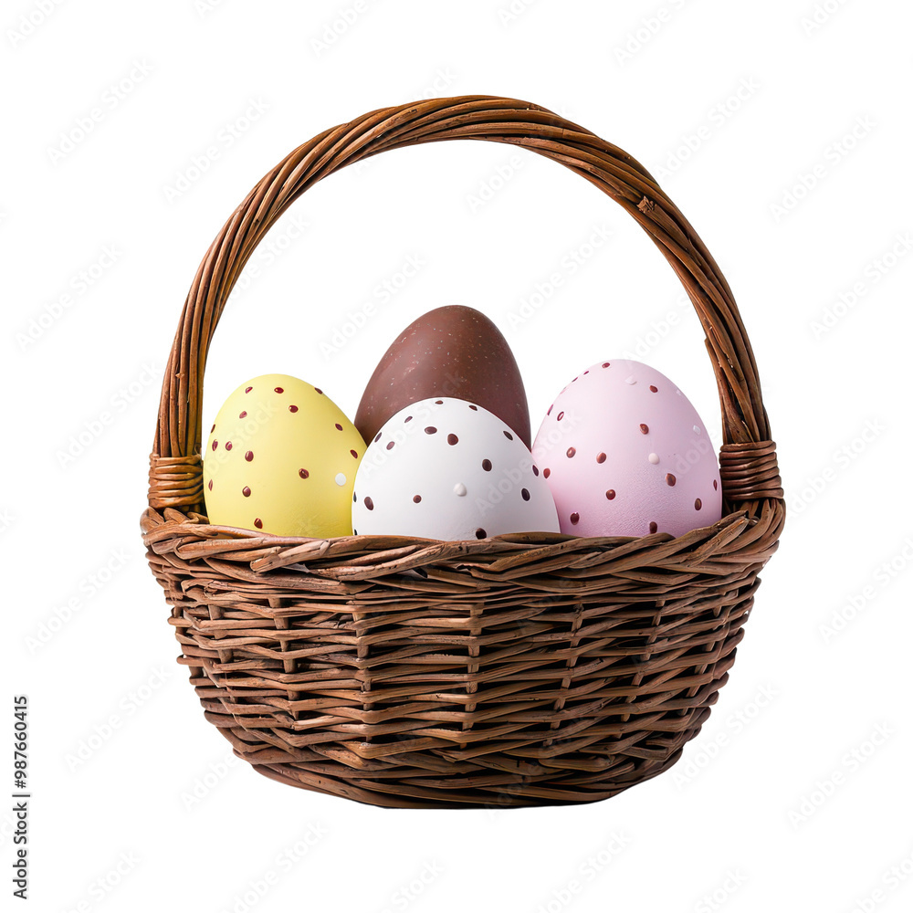 Basket with colorful easter eggs, white isolate background Basket with colorful easter eggs, white isolate background