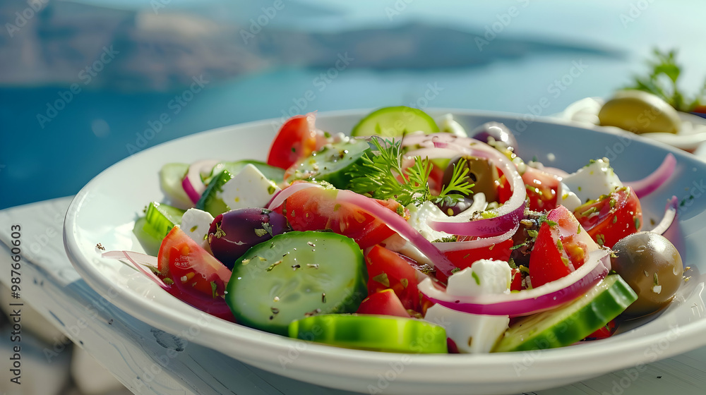 Fresh Greek Salad with Sea View Mediterranean Delights Fresh Greek Salad with Sea View Mediterranean Delights