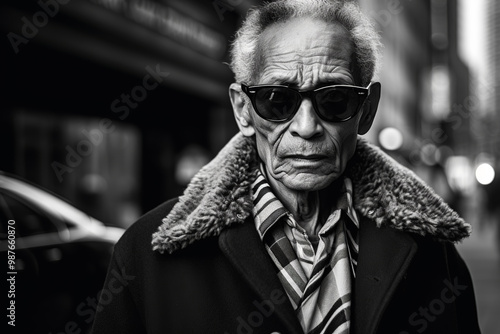 Dramatic black and white portrait of an older man wearing sunglasses and a fur-lined coat, urban street setting in the background photo