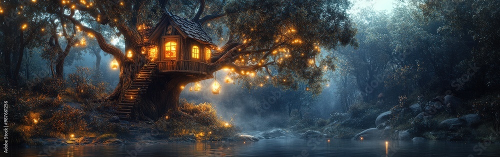 Whimsical treehouse in heavy rain with glowing lights, magical forest scene Whimsical treehouse in heavy rain with glowing lights, magical forest scene