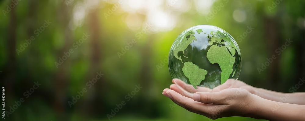 Hands holding a transparent globe over green nature background, symbolizing environmental care and sustainability. Hands holding a transparent globe over green nature background, symbolizing environmental care and sustainability.