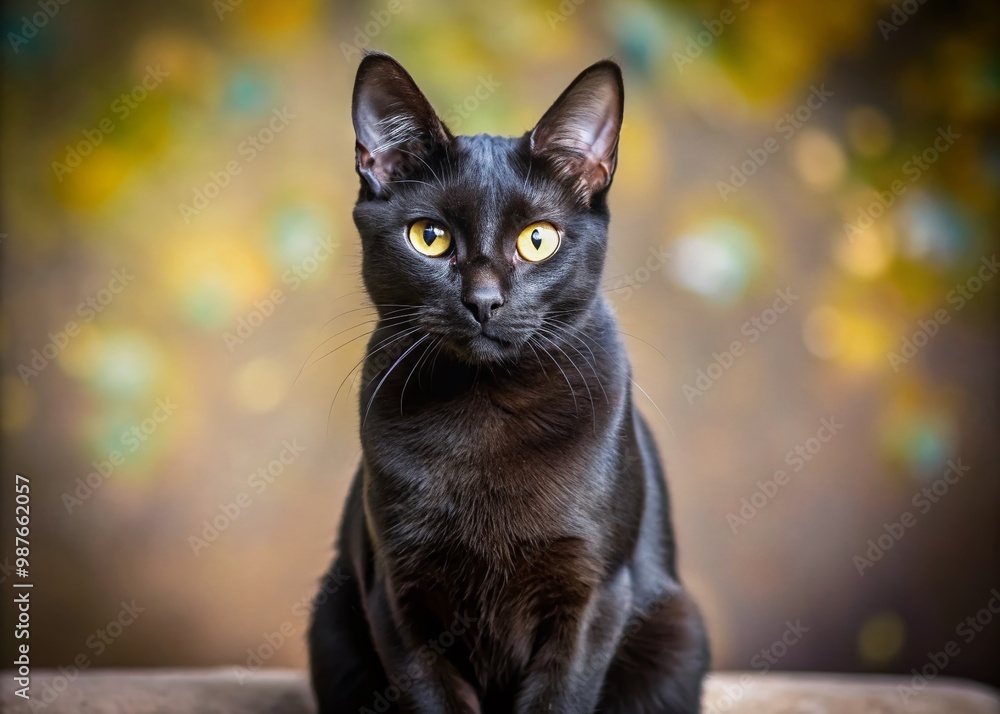 Elegant Black Japanese Bobtail Cat Sitting Gracefully with Intense Eyes ...