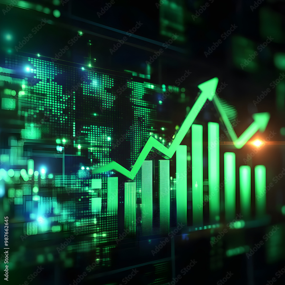 finance business chart . green arrow pointing up and growing bar graph on digital background, financial growth and success for business, generative ai finance business chart . green arrow pointing up and growing bar graph on digital background, financial growth and success for business, generative ai