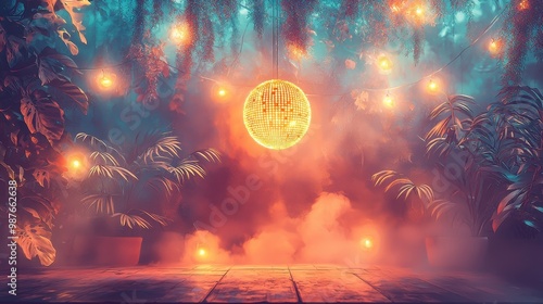 Vibrant mystical scene with glowing plants, fog, and a luminous moon. photo