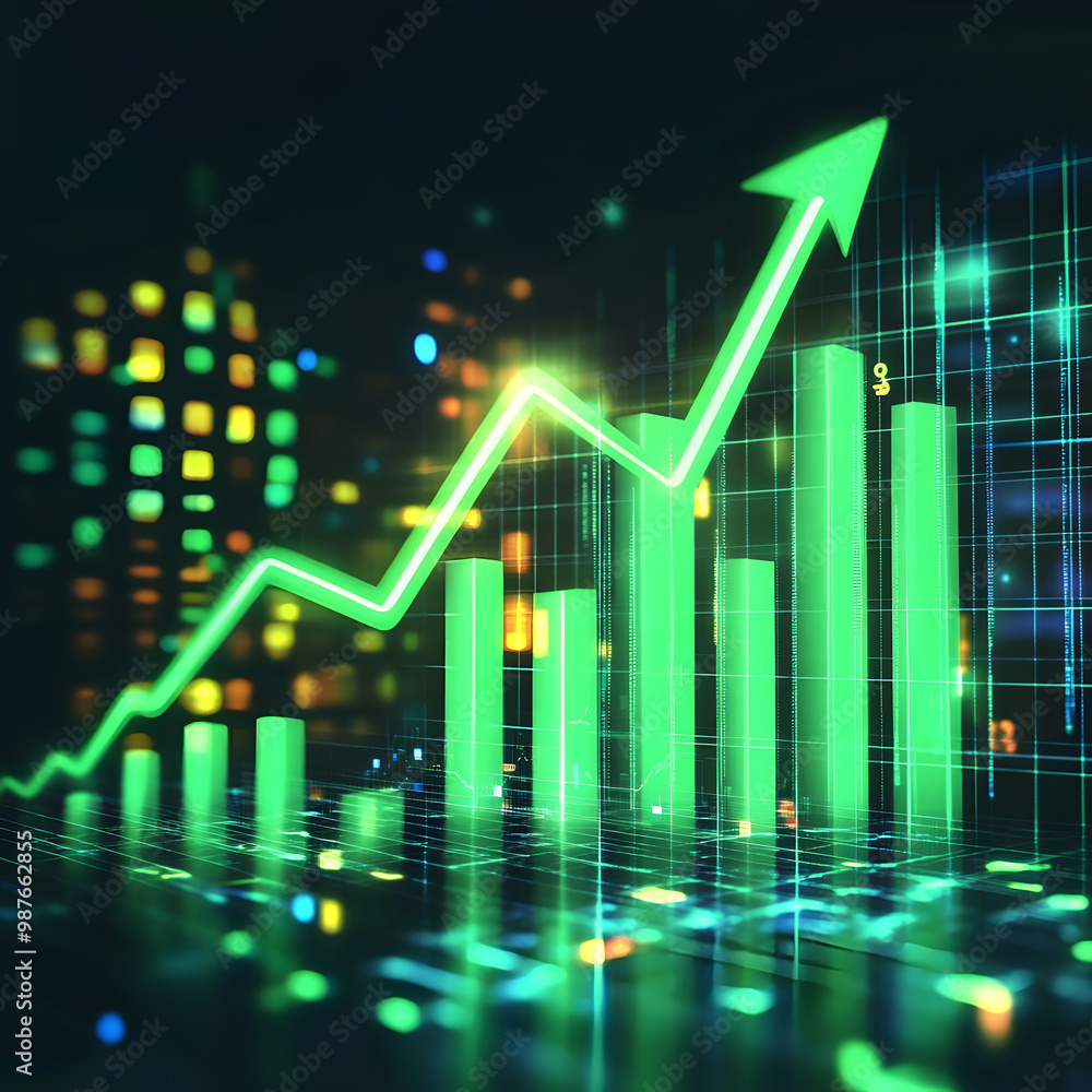 finance business chart . green arrow pointing up and growing bar graph on digital background, financial growth and success for business, generative ai finance business chart . green arrow pointing up and growing bar graph on digital background, financial growth and success for business, generative ai