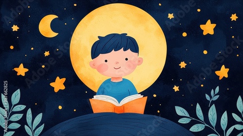 A child reading a storybook under a starry night sky with a bright moon and twinkling stars.