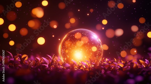 A glowing orb surrounded by colorful sparks and vibrant foliage.