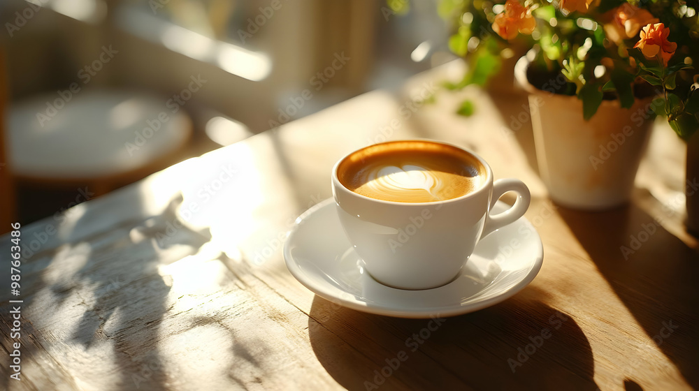 Coffee Latte with Heart Design in White Cup on Wooden Table - Photo Coffee Latte with Heart Design in White Cup on Wooden Table - Photo