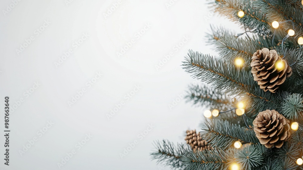 Pine Branch with Lights on White Background Pine Branch with Lights on White Background