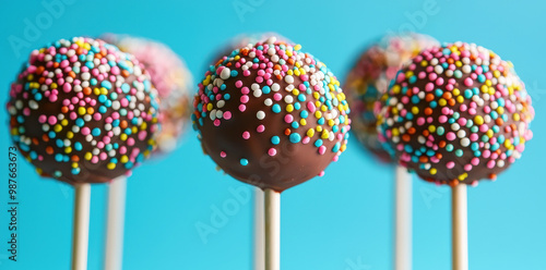A collection of chocolate cake pops decorated with colorful sprinkles, set against a bright blue background, creating a festive and whimsical display perfect for celebrations.