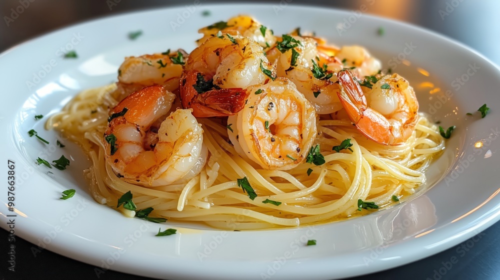 A delicate plate of angel hair pasta with a light garlic and olive oil dressing, topped with shrimp and sprinkled with chopped parsley. A delicate plate of angel hair pasta with a light garlic and olive oil dressing, topped with shrimp and sprinkled with chopped parsley.