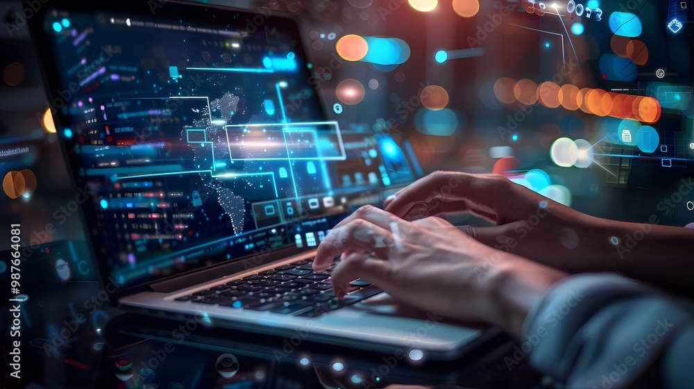 Person using a laptop with a virtual backup status bar, representing data backup management, online digital storage, and connection services Person using a laptop with a virtual backup status bar, representing data backup management, online digital storage, and connection services