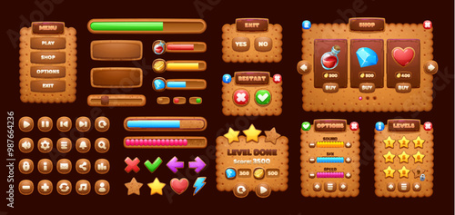 Cookie cracker game interface. Ui game elements, including cartoon windows, options, settings plates, progress bars and gui icons. User panels, boards, sliders, keys, buttons and user interface menus