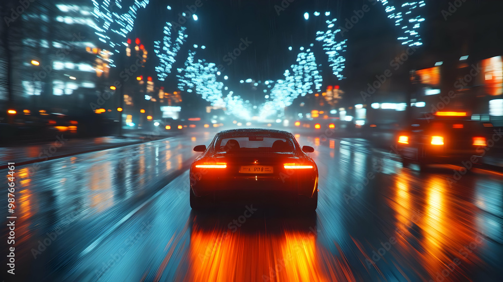 Night City Car Driving Through Rain - 3D Illustration Night City Car Driving Through Rain - 3D Illustration